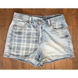 American Eagle Plaid Patchwork High Waisted Denim Shorts Light Wash Blue Size 4